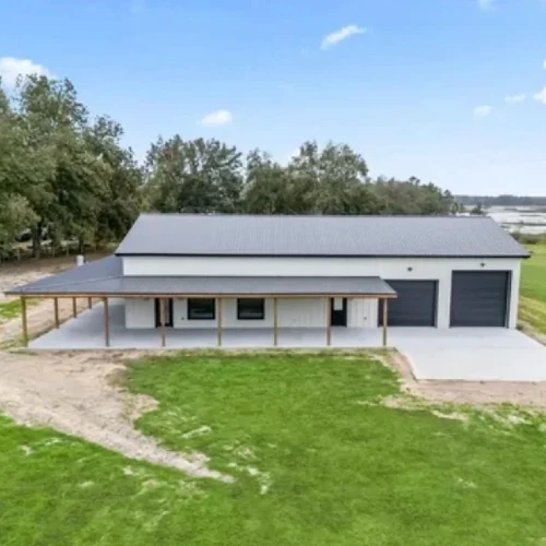 Aerial view of a completed JSC barndominium build