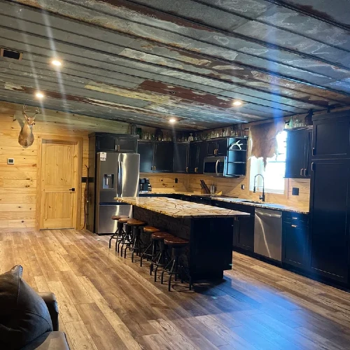 Rustic barndominium interior with aged wood finishes