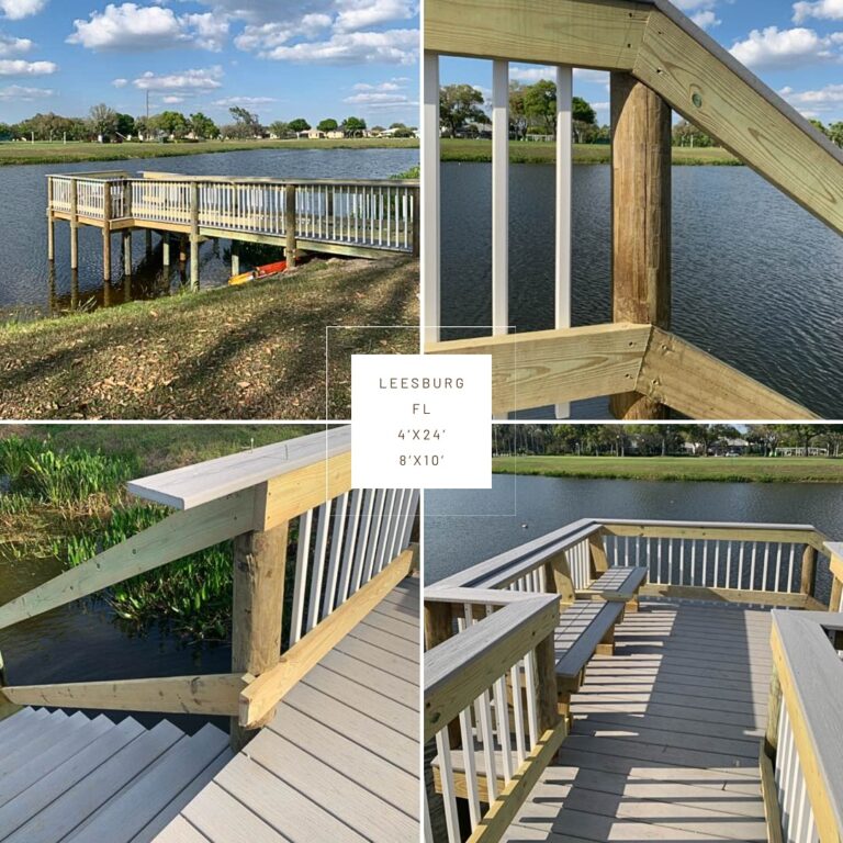 Wooden multi-level dock and stair railings along a lake in Leesburg, Florida.