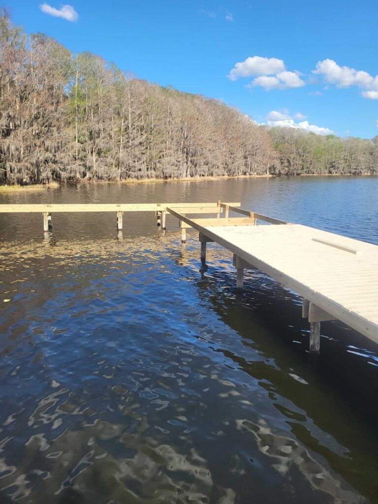 Wooden dock extending into a calm lake with a tree-lined shore and blue sky.