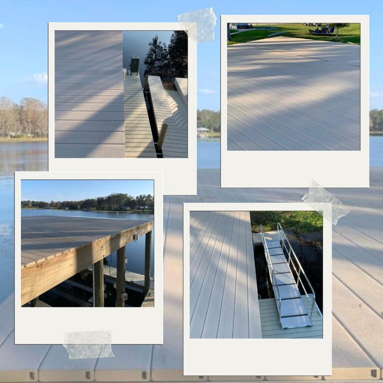 Polaroid collage of a gray wooden dock along a calm lake with stairs and railings.