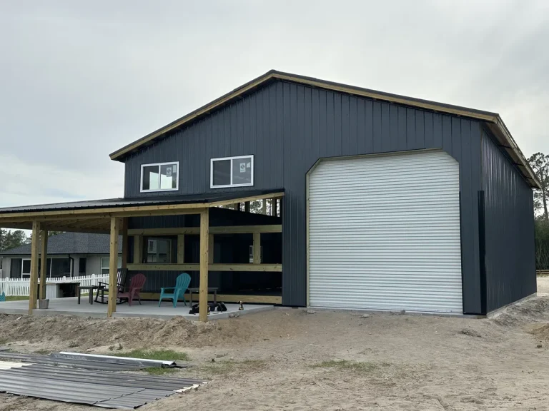 Backyard barndominium with garage and guest suite built by JSC