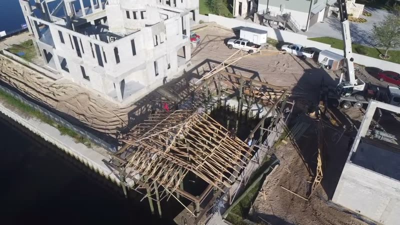 Boathouse Truss Framing Crew Aerial Crystal River Florida